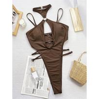 Cut Out Halter High Leg Cut One Piece Swimsuit Thong Women Swimwear Female High Neck Monokini Bather Bathing Suit Bodysuit K5748 S kava