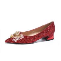 Autumn Luxurious Rhinestone Sequins Thick Heel Low Heel Comfortable Women's Single Shoes Dress Wedding Shoes 35