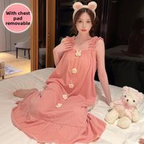 Women's Cotton Summer Pajamas 2024: Sweet Sling with Removable Chest Pad, Medium-Length Nightgown for Home or Outdoor Wear L