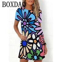2023 Nauja Vasarinė Moteriška Suknelė Retro Hippie 60-ųjų Vintage Gėlių Galia Laisva A linijos Suknelė Laisvalaikio Oversize Moteriška 3D Spausdinimo Mini Suknelė S
