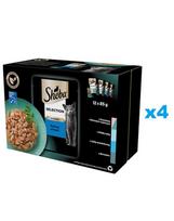 SHEBA Selection "Fish Flavours" paketėliai 48x85 g drėgno visaverčio maisto suaugusioms katėms su lašiša ir juodąja menke, baltąja žuvimi, vandenyno žuvimi, menke