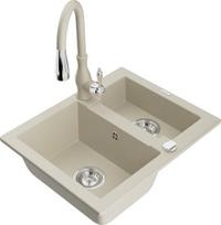 Granitinė virtuvinė plautuvė Mexen Carlos su maišytuvu ir sifonu, Beige