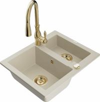 Granitinė virtuvinė plautuvė Mexen Carlos su maišytuvu ir sifonu, Beige+Gold