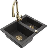 Granitinė virtuvinė plautuvė Mexen Carlos su maišytuvu ir sifonu, Black granite+Gold