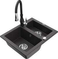 Granitinė virtuvinė plautuvė Mexen Carlos su maišytuvu ir sifonu, Black granite+Black
