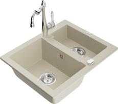 Granitinė virtuvinė plautuvė Mexen Carlos su maišytuvu ir sifonu, Beige+Chrome