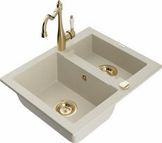 Granitinė virtuvinė plautuvė Mexen Carlos su maišytuvu ir sifonu, Beige+Gold