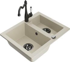 Granitinė virtuvinė plautuvė Mexen Carlos su maišytuvu ir sifonu, Beige+Black