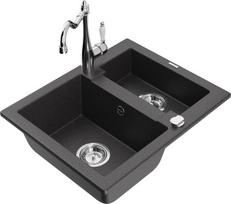 Granitinė virtuvinė plautuvė Mexen Carlos su maišytuvu ir sifonu, Black granite+Chrome