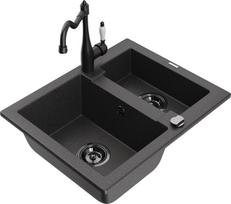 Granitinė virtuvinė plautuvė Mexen Carlos su maišytuvu ir sifonu, Black granite+Black