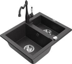 Granitinė virtuvinė plautuvė Mexen Carlos su maišytuvu ir sifonu, Black granite