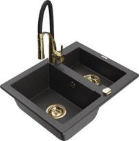 Granitinė virtuvinė plautuvė Mexen Carlos su maišytuvu ir sifonu, Black granite+Black/Gold