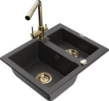 Granitinė virtuvinė plautuvė Mexen Carlos su maišytuvu ir sifonu, Black granite+Gold