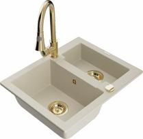Granitinė virtuvinė plautuvė Mexen Carlos su maišytuvu ir sifonu, Beige+Gold