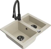 Granitinė virtuvinė plautuvė Mexen Carlos su maišytuvu ir sifonu, Beige+Black