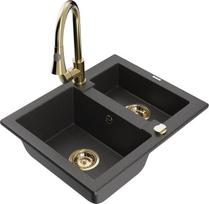 Granitinė virtuvinė plautuvė Mexen Carlos su maišytuvu ir sifonu, Black granite+Gold