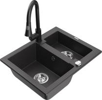 Granitinė virtuvinė plautuvė Mexen Carlos su maišytuvu ir sifonu, Black granite+Black