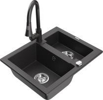 Granitinė virtuvinė plautuvė Mexen Carlos su maišytuvu ir sifonu, Black granite