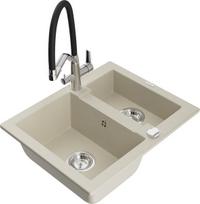 Granitinė virtuvinė plautuvė Mexen Carlos su maišytuvu ir sifonu, Beige+Black/Chrome