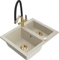 Granitinė virtuvinė plautuvė Mexen Carlos su maišytuvu ir sifonu, Beige+Black/Gold