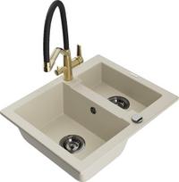 Granitinė virtuvinė plautuvė Mexen Carlos su maišytuvu ir sifonu, Beige+Black/Gold