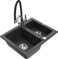 Granitinė virtuvinė plautuvė Mexen Carlos su maišytuvu ir sifonu, Black granite+Black/Chrome