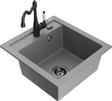 Granitinė virtuvinė plautuvė Mexen Vito su maišytuvu ir sifonu, Grey+Black