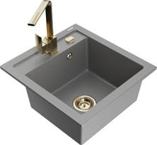 Granitinė virtuvinė plautuvė Mexen Vito su maišytuvu ir sifonu, Grey+Gold