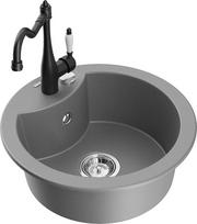 Granitinė virtuvinė plautuvė Mexen Diego su maišytuvu ir sifonu, Grey+Black