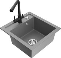 Granitinė virtuvinė plautuvė Mexen Vito su maišytuvu ir sifonu, Grey+Black