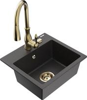 Granitinė virtuvinė plautuvė Mexen Milo su maišytuvu ir sifonu, Black granite+Gold