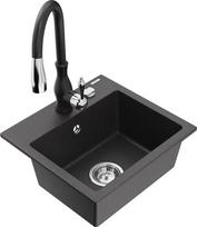 Granitinė virtuvinė plautuvė Mexen Milo su maišytuvu ir sifonu, Black granite+Black
