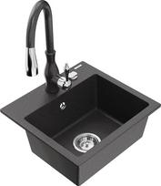 Granitinė virtuvinė plautuvė Mexen Milo su maišytuvu ir sifonu, Black granite