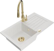 Granitinė virtuvinė plautuvė Mexen Pablo su maišytuvu ir sifonu, White+Gold