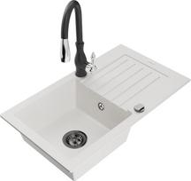 Granitinė virtuvinė plautuvė Mexen Pablo su maišytuvu ir sifonu, White+Black