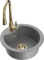 Granitinė virtuvinė plautuvė Mexen Diego su maišytuvu ir sifonu, Grey+Gold