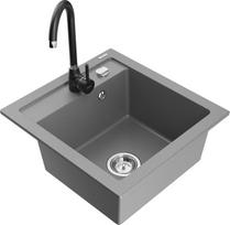 Granitinė virtuvinė plautuvė Mexen Vito su maišytuvu ir sifonu, Grey+Black