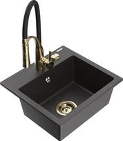Granitinė virtuvinė plautuvė Mexen Milo su maišytuvu ir sifonu, Black granite+Black/Gold
