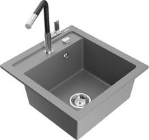 Granitinė virtuvinė plautuvė Mexen Vito su maišytuvu ir sifonu, Grey+Black/Chrome