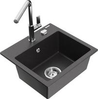 Granitinė virtuvinė plautuvė Mexen Milo su maišytuvu ir sifonu, Black granite+Chrome