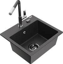 Granitinė virtuvinė plautuvė Mexen Milo su maišytuvu ir sifonu, Black granite+Black granite/Chrome