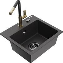 Granitinė virtuvinė plautuvė Mexen Milo su maišytuvu ir sifonu, Black granite+Black/Gold