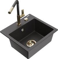 Granitinė virtuvinė plautuvė Mexen Milo su maišytuvu ir sifonu, Black granite+Black granite/Gold