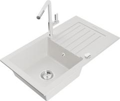 Granitinė virtuvinė plautuvė Mexen Pablo su maišytuvu ir sifonu, White+White/Chrome