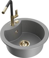 Granitinė virtuvinė plautuvė Mexen Diego su maišytuvu ir sifonu, Grey+Black/Gold