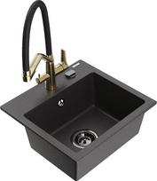 Granitinė virtuvinė plautuvė Mexen Milo su maišytuvu ir sifonu, Black granite+Black/Gold