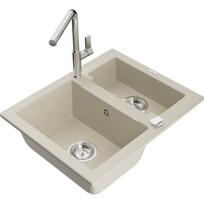 Pusantrinė granitinė plautuvė Mexen Carlos su virtuvės maišytuvu Flora, smėlio spalvos - 6518-69-670401-00