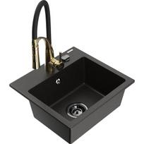 Vienguba granitinė plautuvė Mexen Milo su virtuvės maišytuvu Aster, Juoda/Auksinė metallic - 6505-75-73450-57-B