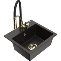Vienguba granitinė plautuvė Mexen Milo su virtuvės maišytuvu Aster, Juoda/Auksinė metallic - 6505-75-73450-57-G