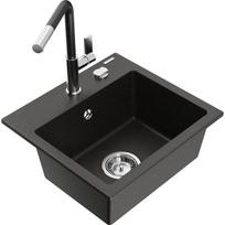 Vienguba granitinė plautuvė Mexen Milo su virtuvės maišytuvu Flora, Juoda/Auksinis metallic - 6505-75-670401-07